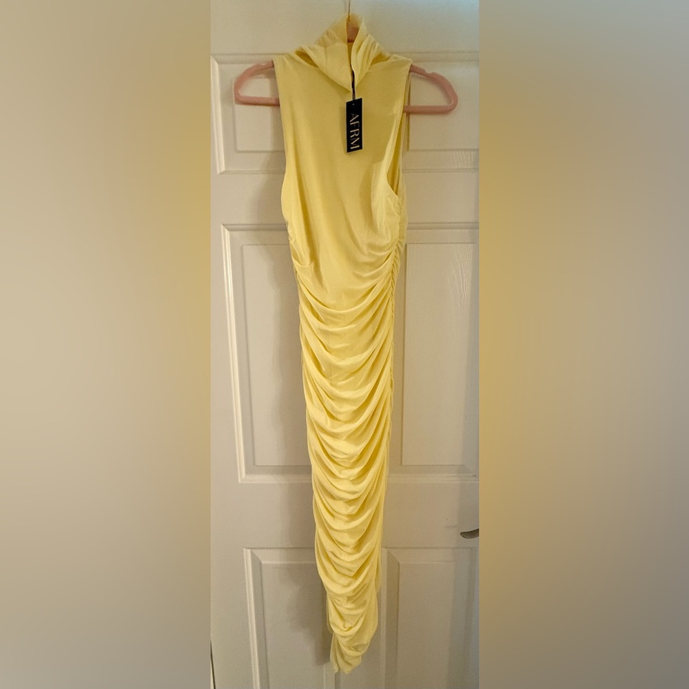 AFRM- Buttercup yellow ruched mock-neck dress., NEW, runs large fits like a 6.
